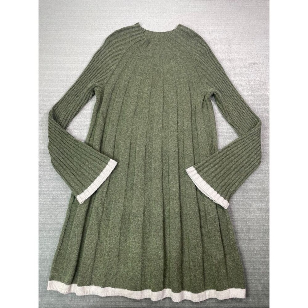 Anthropologie Dress L Olive Green Midi Sweater Knit Mock Neck Pleated